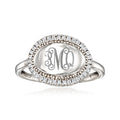 Sterling silver oval diamond halo ring with ML cursive monogram on center bezel