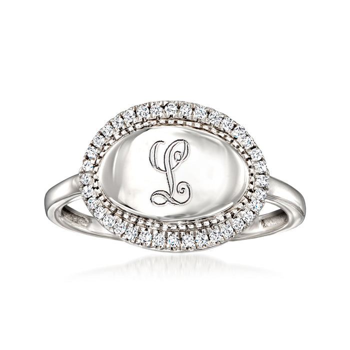 Sterling silver oval diamond halo ring with cursive L monogram on center bezel