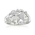 Sterling silver sea life diamond ring with shell design and round stones, side view