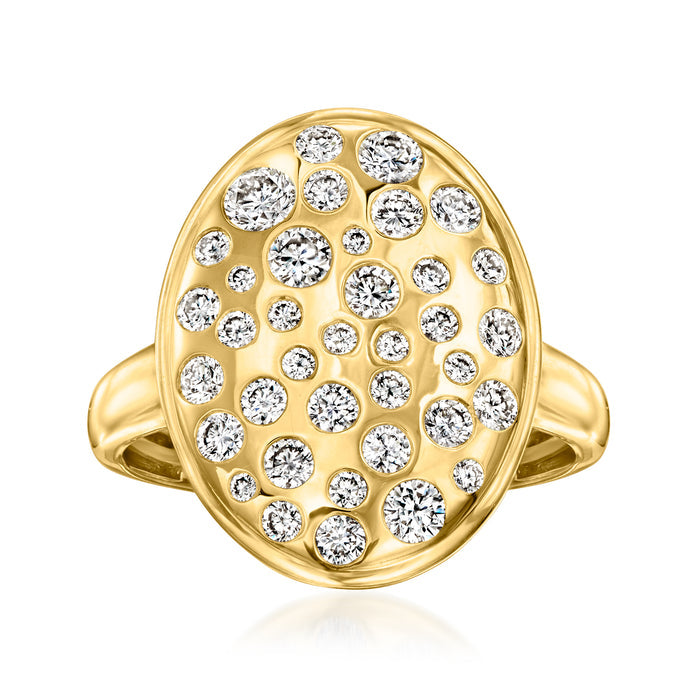 Gold oval ring with scattered round diamonds, high-profile setting on polished band