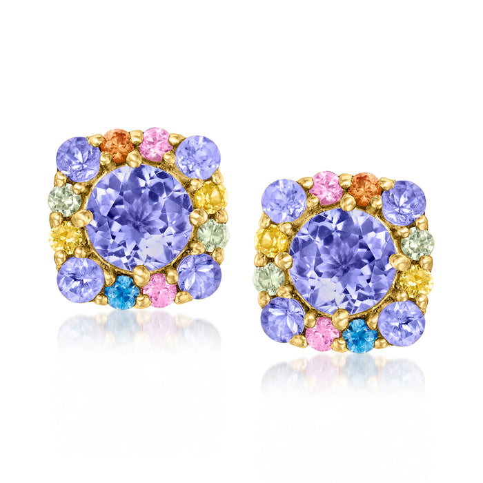 Round gold-tone stud earrings with lavender center sapphire and multicolor gemstone halo