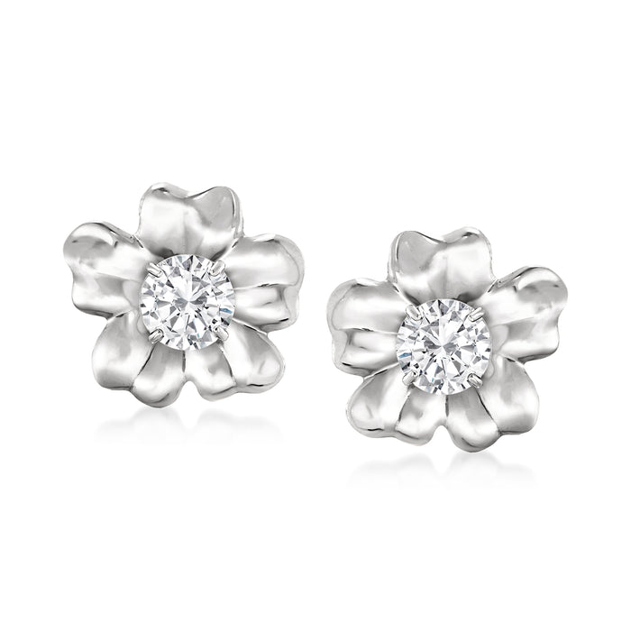 White gold flower petal earring jackets with round center stones