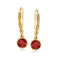 Gold leverback drop earrings with bezel-set round ruby stones, red.