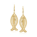 Gold-tone filigree fish drop earrings with leverback, oval scalloped detail