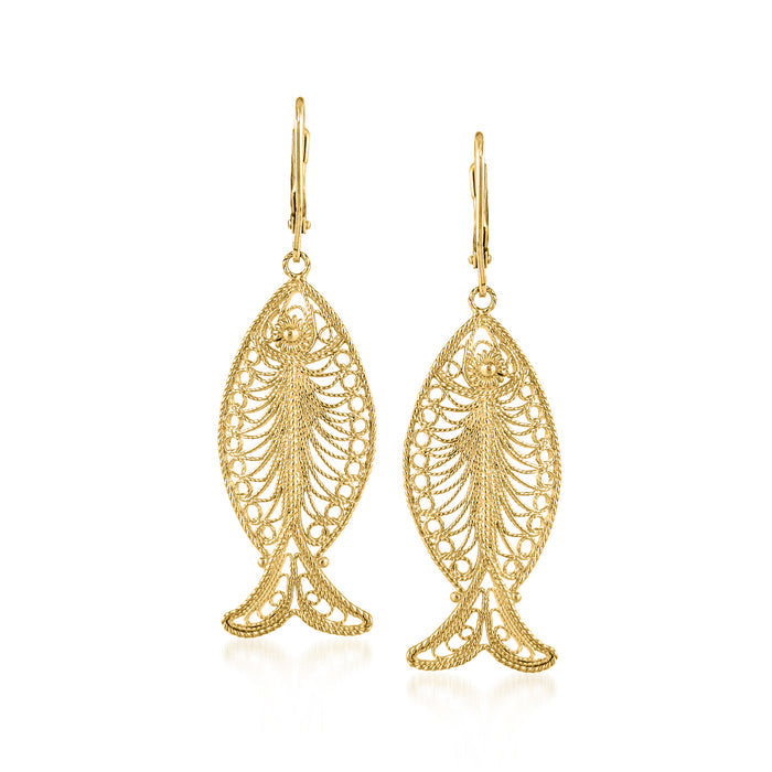 Gold-tone filigree fish drop earrings with leverback, oval scalloped detail