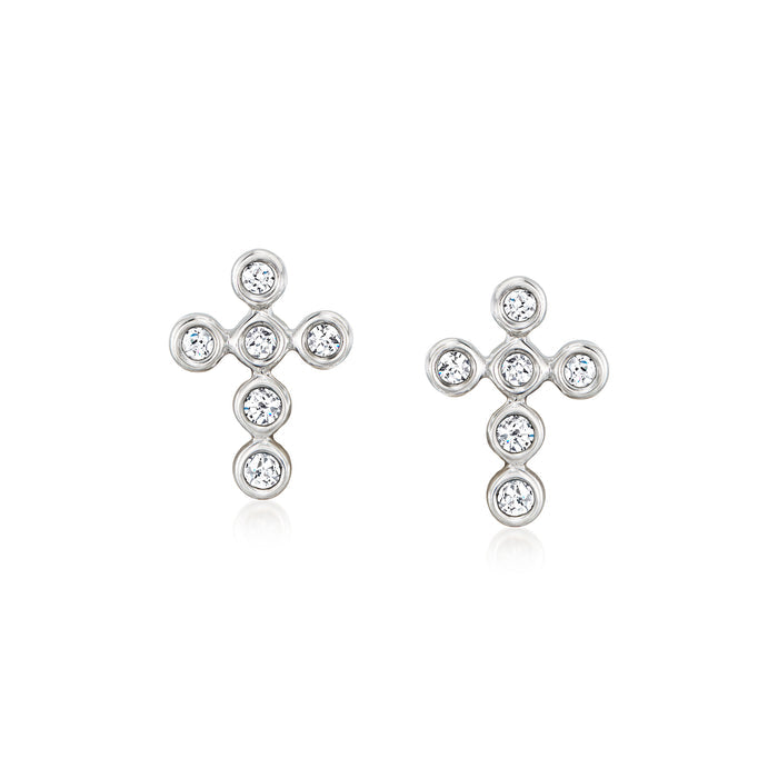 Sterling silver cross stud earrings with round bezel-set diamond accents