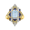 Gold-tone ring with large rectangular light-blue stone, white accents, blue enamel.