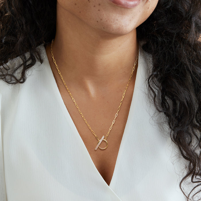 Diamond paper clip link toggle necklace in gold over sterling