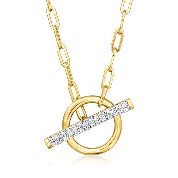 Diamond paper clip link toggle necklace with gold ring and pavé bar pendant