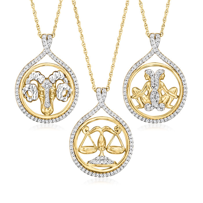 Three gold-tone zodiac pendant necklaces with round white-crystal bezels and chain