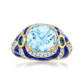 Gold-tone ring with large light-blue gemstone, blue enamel accents, and clear stone halo