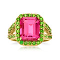 Gold-tone ring with large pink square-cut gemstone and green chrome diopside accents