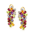Gold drop earrings with multicolor gemstone floral cluster and sparkling white accents