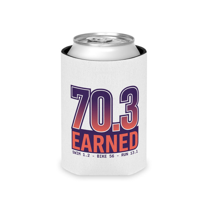 70.3 Earned Can Cooler – Triathlon Finisher Drink Koozie (Swim 1.2 • Bike 56 • Run 13.1)