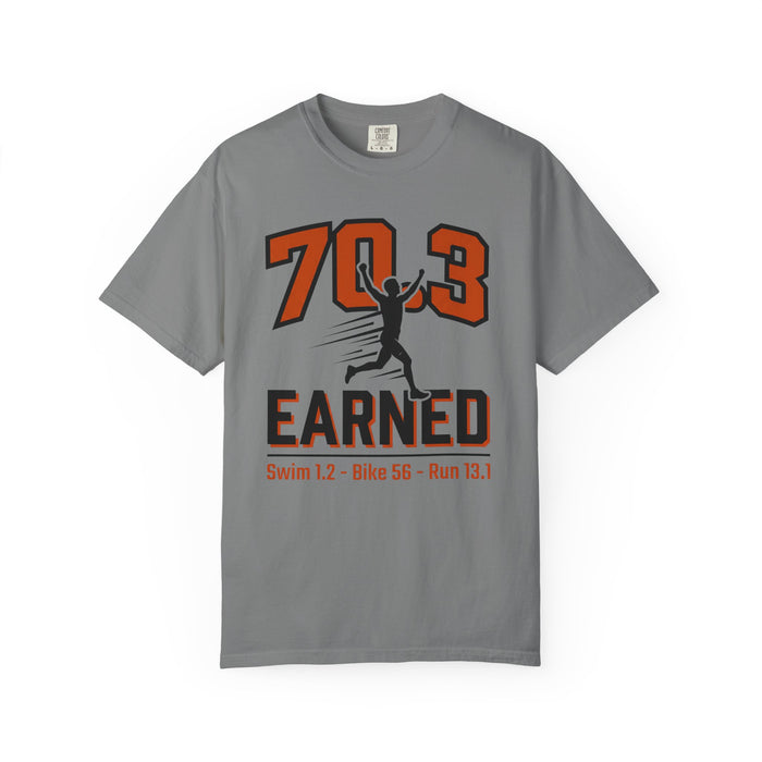 70.3 Earned Triathlon T-Shirt — Swim 1.2 · Bike 56 · Run 13.1