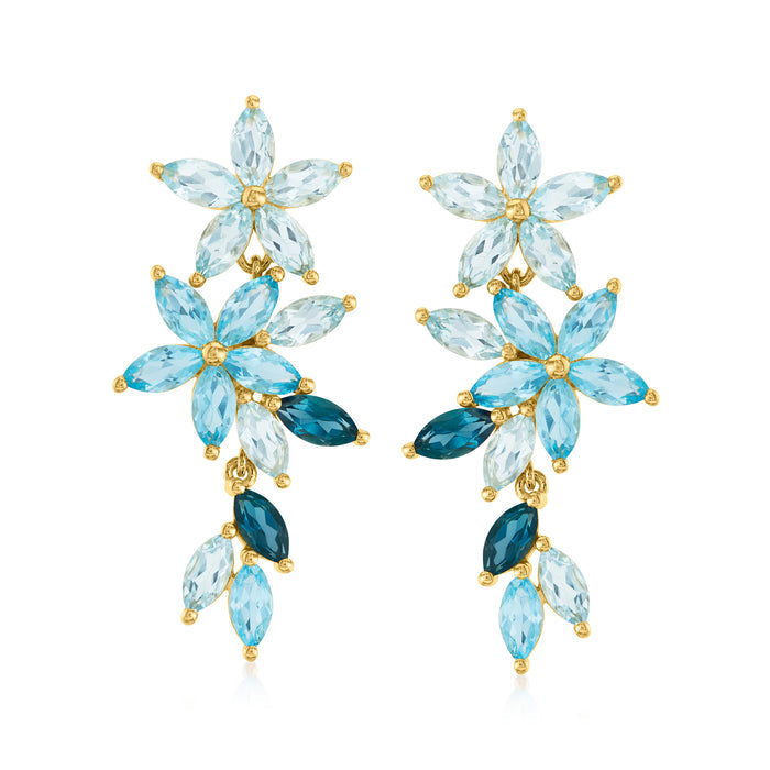 Floral drop earrings in gold-tone with light blue and dark blue marquise gemstones