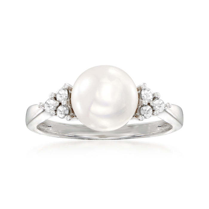 Sterling silver ring with large white cultured pearl and diamond cluster accents