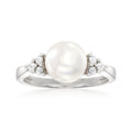 Sterling silver ring with large white cultured pearl and diamond cluster accents