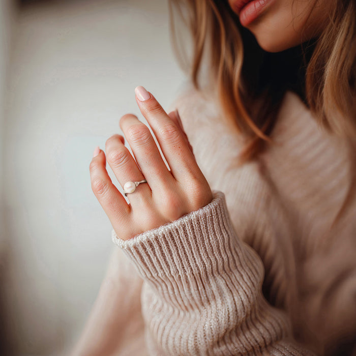 Cultured pearl ring on hand: white pearl with diamond accents in sterling silver