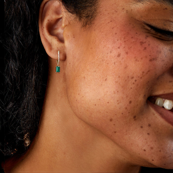 Lab-grown emerald and diamond hoop drop earrings in gold over sterling
