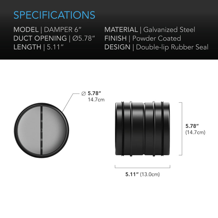 AC Infinity Backdraft Damper Ducting Insert - 150 mm (6 inch) Black Galvanised Steel