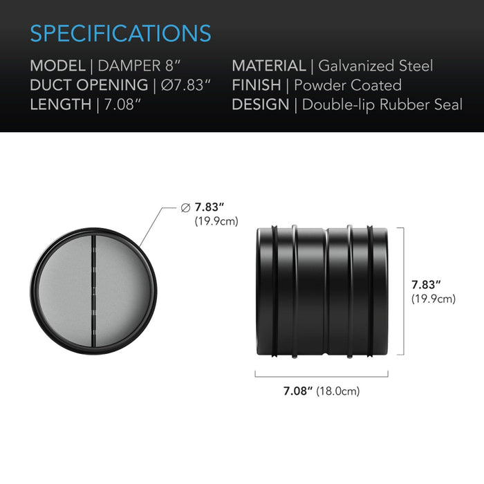 AC Infinity Backdraft Damper Ducting Insert - 200mm (8 inch) Black Galvanised Steel