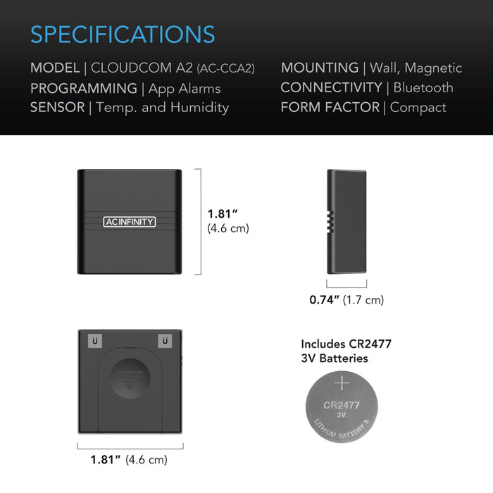 AC Infinity Cloudcom A2 Mini Smart Thermo-Hygrometer With Data App - Integrated Sensor Probe
