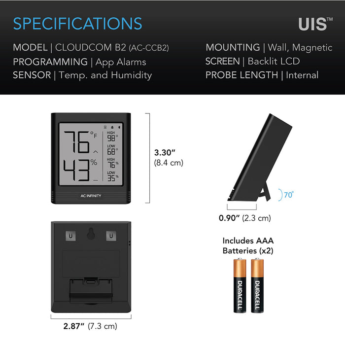 AC Infinity Cloudcom B2 Smart Thermo-Hygrometer With Data APP, Integrated Sensor Probe