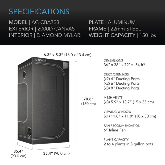 AC Infinity Cloudlab 733 Advance Grow Tent 90x90x180cm 2000D Diamond Mylar Canvas