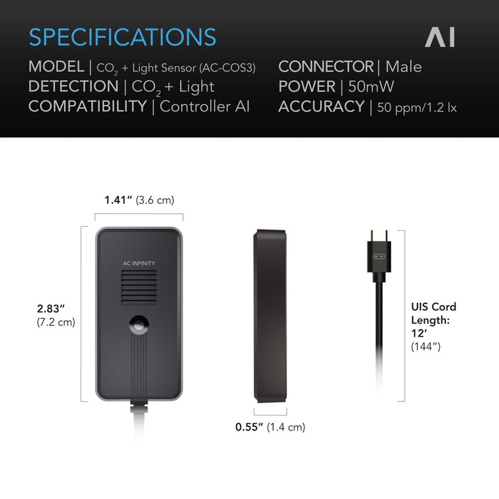 AC Infinity Co2 + Light Sensor For Controller AI+ CO2 Data Tracking, Optimised FAE, Day & Night Scheduling