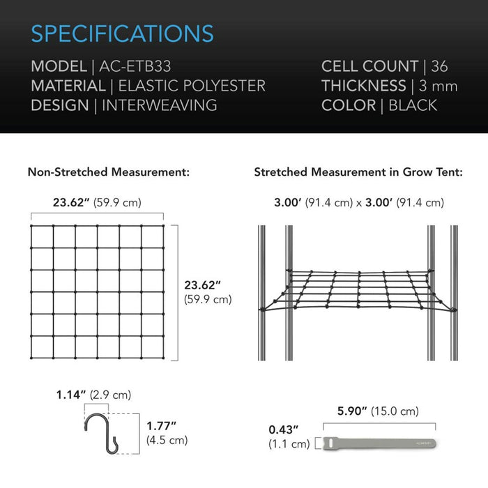 AC Infinity Grow Tent Trellis Netting, Flexible Elastic Cords - 3x3 Feet