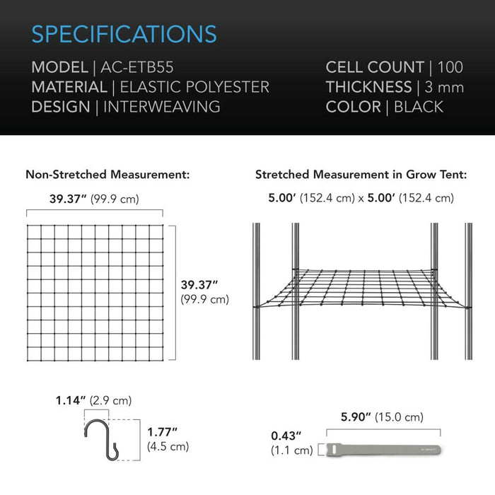 AC Infinity Grow Tent Trellis Netting, Flexible Elastic Cords - 5x5 Feet