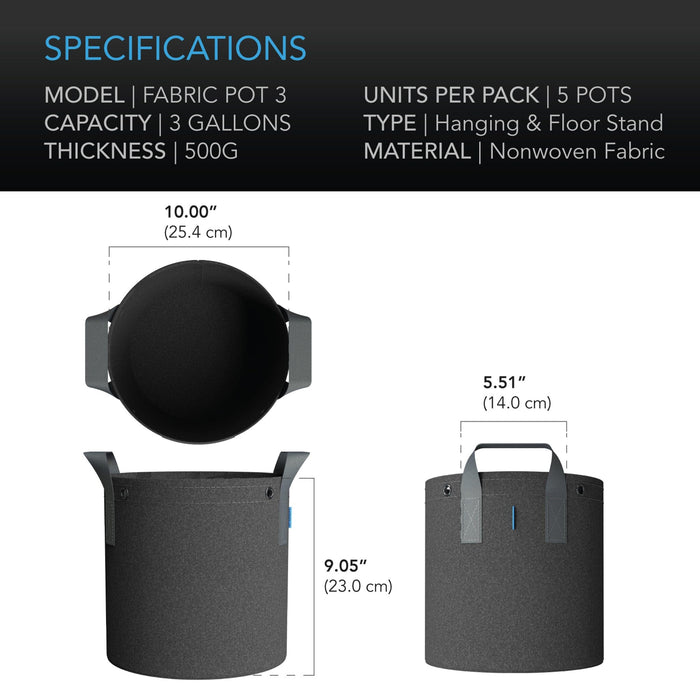 AC Infinity Heavy Duty Fabric Pots, 3 Gallon - 5 pack