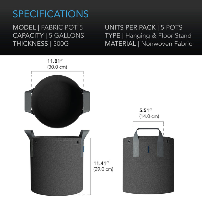 AC Infinity Heavy Duty Fabric Pots, 7 Gallon - 5 pack