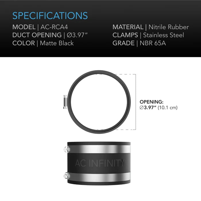AC Infinity Noise Reduction Clamp, Duct Coupler With Stainless Steel Clamps - 4 inch | 100mm