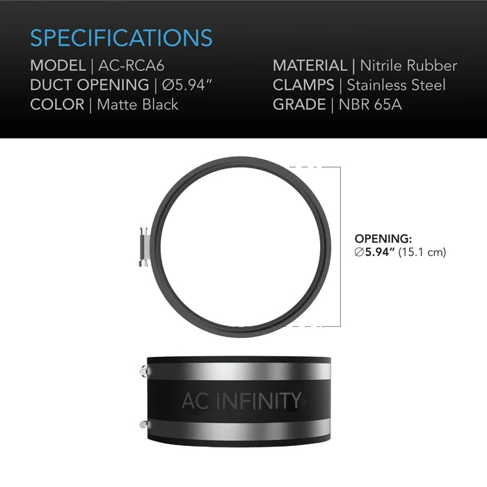 AC Infinity Noise Reduction Clamp, Duct Coupler with Stainless Steel Clamps - 6 inch | 150mm