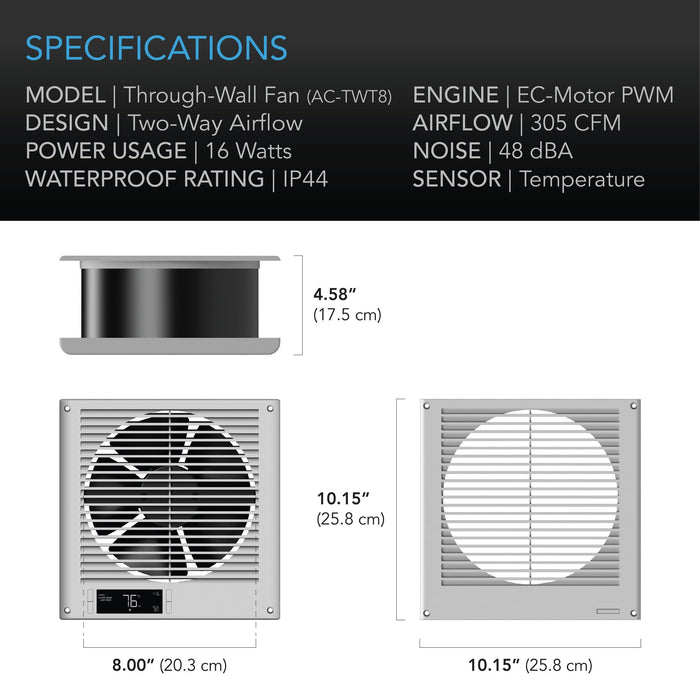 AC Infinity Room To Room Fan Two-Way Airflow, Temperature Controller - 8 Inch / 200mm