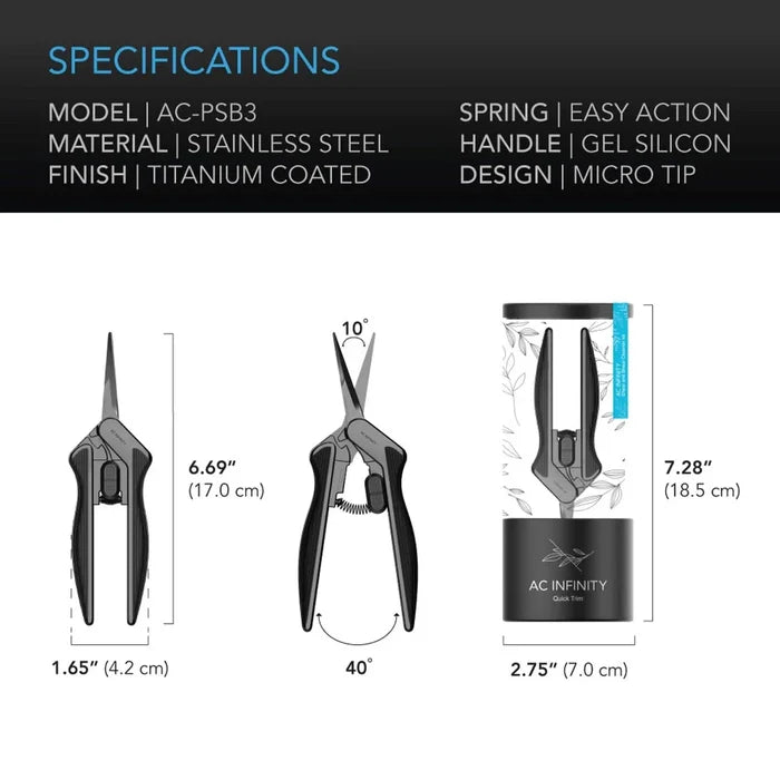 AC Infinity Stainless Steel Pruning Shear With Cleaning Kit, Ergonomic Lightweight - 6.6” Straight Blades