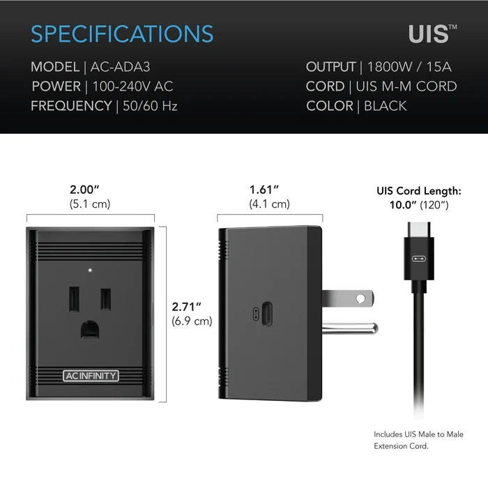 AC Infinity UIS Control Plug, For Outlet Powered Equipment
