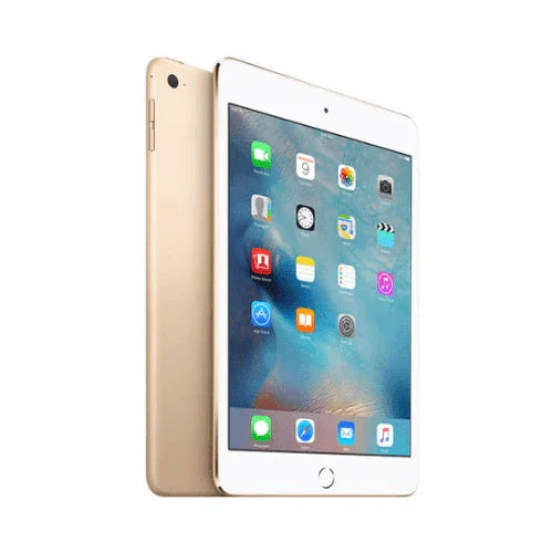 A gold Apple iPad Mini 4th Gen 7.9" 128GB WIFI + Cell, shown front and back with app icons and Apple logo, is an affordable, quality-certified refurbished tablet. Available as AU stock with warranty.