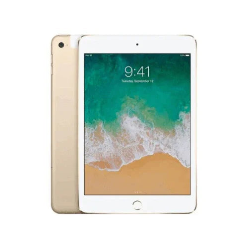 A gold Apple iPad Mini 4th Gen 7.9" 128GB WIFI + Cell is shown, one displaying a beach wallpaper with time 9:41, date Tuesday, September 12, and another showing the back—an affordable Apple tablet in AU stock with warranty.