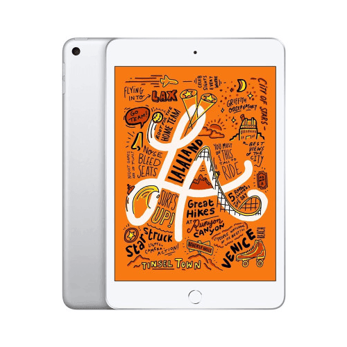 A white refurbished Apple iPad Mini 5 Cellular (64GB, 3GB RAM, 7.9", Apple A12 Bionic) displays a vivid orange illustrated Los Angeles map with labels like VENICE and LAX—an affordable tablet for all.