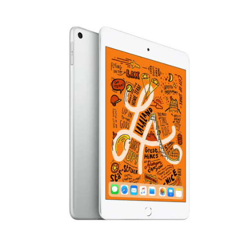 A white refurbished Apple iPad Mini 5 Cellular with 64GB storage and a 7.9" display, powered by the A12 Bionic chip, is shown front and back against a white background—an affordable tablet ideal for creativity on the go.