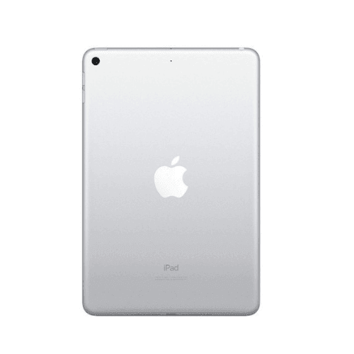 A refurbished Apple iPad Mini 5 Cellular White 64GB with a 7.9" display and A12 Bionic chip is shown from the back, featuring the Apple logo centered and rear camera on a plain white background.