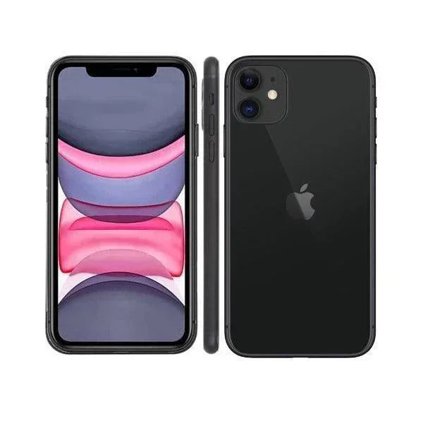 An Apple iPhone 11 128GB Black Unlocked Smartphone with Broken LCD is shown from the front, back, and side—highlighting its dual cameras, Apple logo, and overall design.