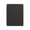 The Apple Smart Folio MJMG3FE/A for iPad Pro 12.9 (5th Gen) in black features three vertical folds, offering sleek and reliable protection—an ideal case by Apple, shown closed against a white background.