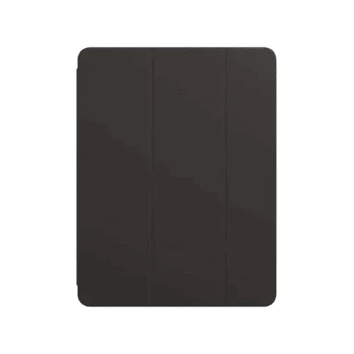 The Apple Smart Folio MJMG3FE/A for iPad Pro 12.9 (5th Gen) in black features three vertical folds, offering sleek and reliable protection—an ideal case by Apple, shown closed against a white background.