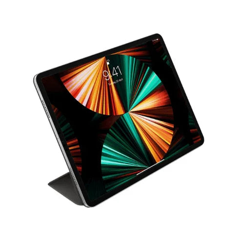 An iPad Pro 12.9" (5th Gen) displays a colorful abstract design and the time 9:41, propped up at an angle with a refurbished Apple Smart Folio MJMG3FE/A in Black from Apple.