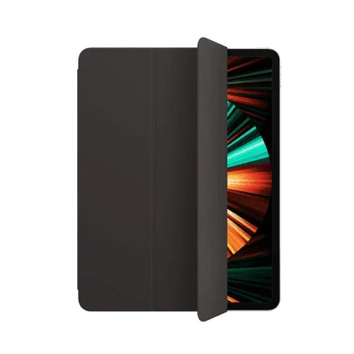An Apple Smart Folio MJMG3FE/A in black, designed for the iPad Pro 12.9 (5th Gen), partially covers a tablet with a vibrant display against a plain white background, with the folio open on the right to reveal part of the screen.