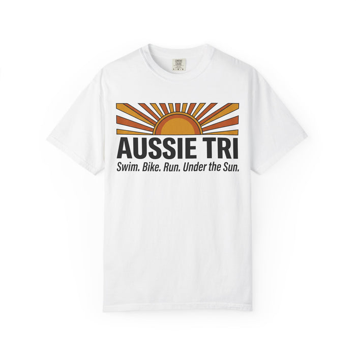 Aussie Tri Sunset T-Shirt — Swim. Bike. Run. Under the Sun.